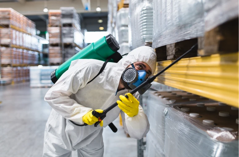 Exterminator in protective gear with sprayer
